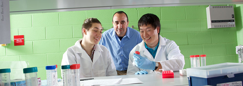 two students with a mentor in the lab